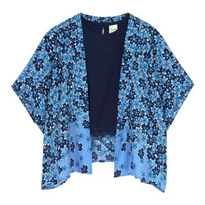 Yumi Girl Blue Fading Floral Kimono and Crochet Trim Top Set